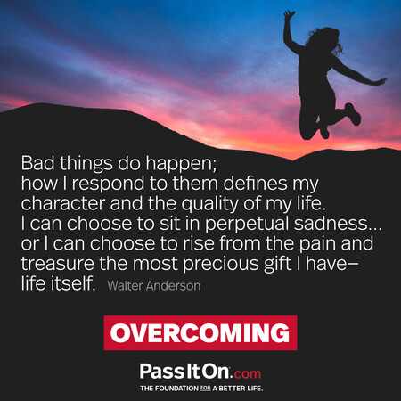 Bad things do happen; how I respond to them defines my character and the quality of my life. I can choose to sit in perpetual sadness... or I can choose to rise from the pain and treasure the most precious gift I have—life itself. #<Author:0x00007f7fb610c448>
