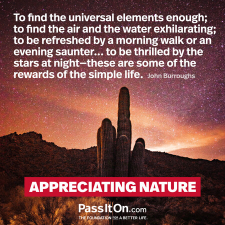 To find the universal elements enough; to find the air and the water exhilarating; to be refreshed by a morning walk or an evening saunter... to be thrilled by the stars at night—these are some of the rewards of the simple life. #<Author:0x00007f7fb485f008>