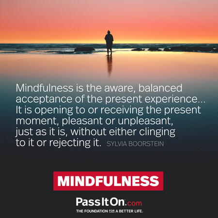 Mindfulness is the aware, balanced acceptance of the present experience... It is opening to or receiving the present moment, pleasant or unpleasant, just as it is, without either clinging to it or rejecting it. #<Author:0x00007f7fb5a28ac8>