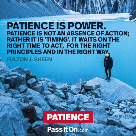 Patience is power. Patience is not an absence of action; rather it is "timing" it waits on the right time to act, for the right principles and in the right way. #<Author:0x00007f7fb5924618>