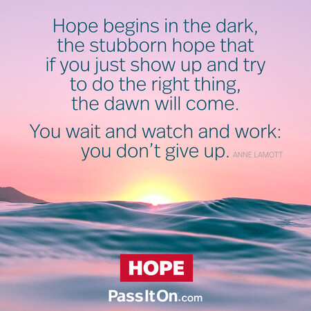 Hope begins in the dark, the stubborn hope that if you just show up and try to do the right thing, the dawn will come. You wait and watch and work: you don't give up. #<Author:0x00007f7fb594f7a0>