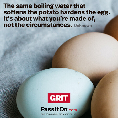 The same boiling water that softens the potato hardens the egg. It's about what you're made of, not the circumstances. #<Author:0x00007f7fb496dfd0>
