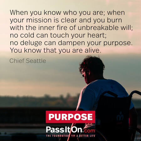 When you know who you are; when your mission is clear and you burn with the inner fire of unbreakable will; no cold can touch your heart; no deluge can dampen your purpose. You know that you are alive. #<Author:0x00007f7fb6276900>