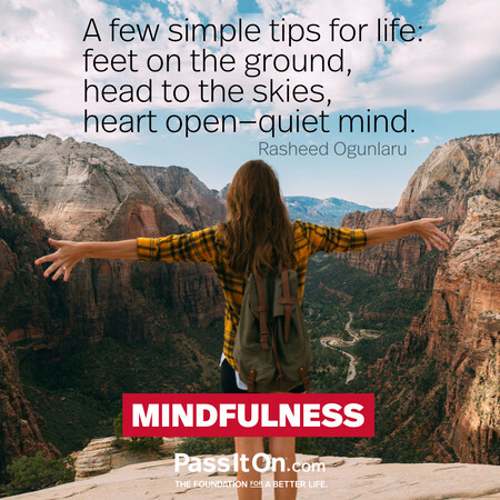 A few simple tips for life: feet on the ground, head to the skies, heart open-quiet mind. #<Author:0x00007f7fb558caa0>