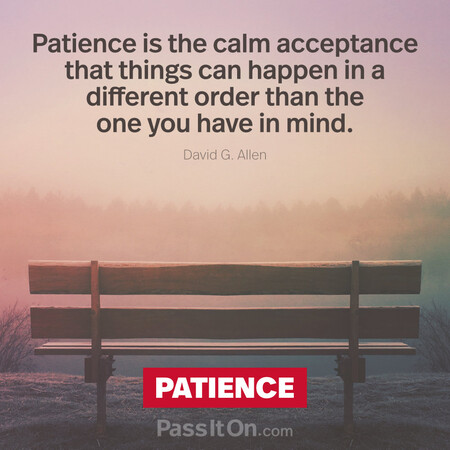 Patience is the calm acceptance that things can happen in a different order than the one you have in mind. #<Author:0x00007fdb0120e890>