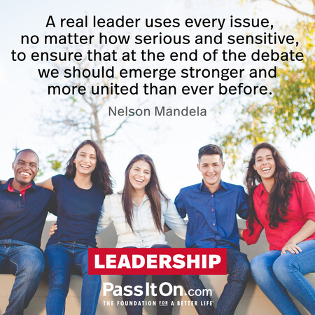 A real leader uses every issue, no matter how serious and sensitive, to ensure that at the end of the debate we should emerge stronger and more united than ever before. #<Author:0x00007f7fb6351910>